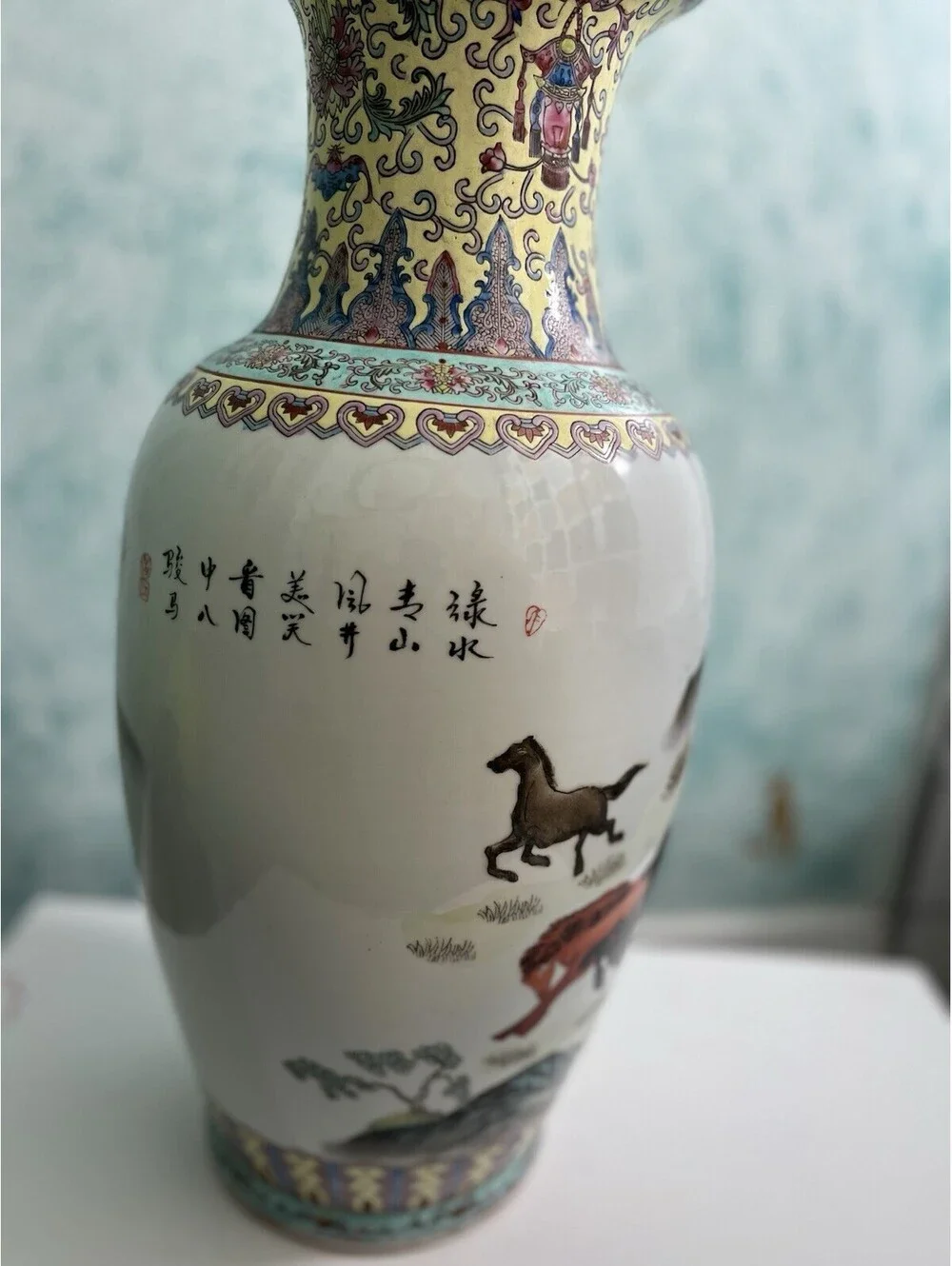 Vintage Asian Chinese Style Porcelain Flower Vase Handmade Beautiful Horses